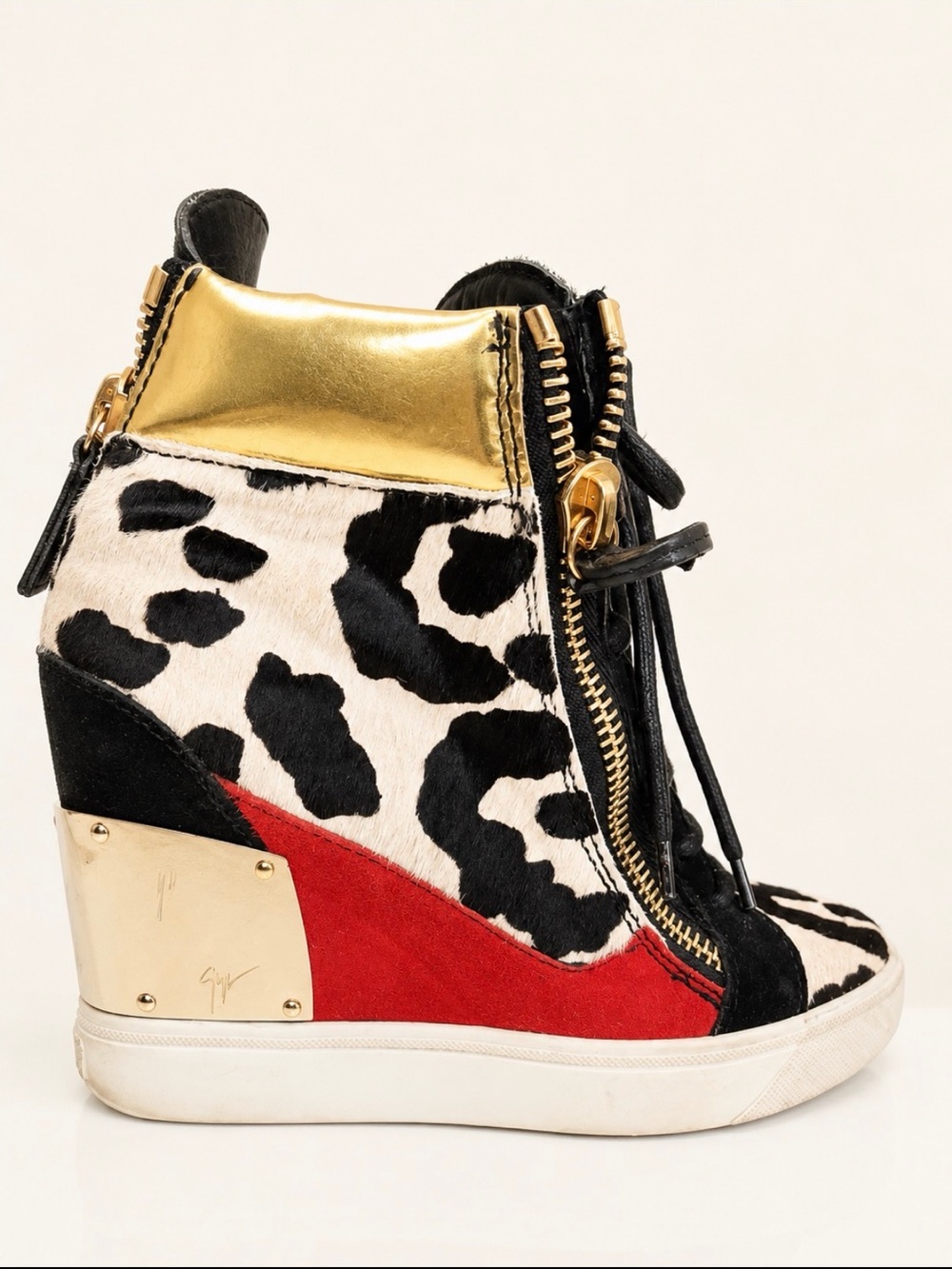 Giuseppe Zanotti Black, White & Red Leopard Wedge Sneakers with Gold Trim